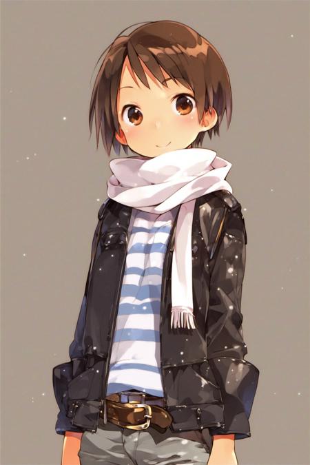 25934-546568278-score_8_up,Nobue Itou,1girl,solo,brown hair,scarf,short hair,belt,_lora_Ichigo Mashimaro_XL_PONY_0.8_,.png